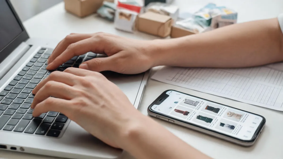 Sourcing agent cross-checking a 1688 product order on a laptop