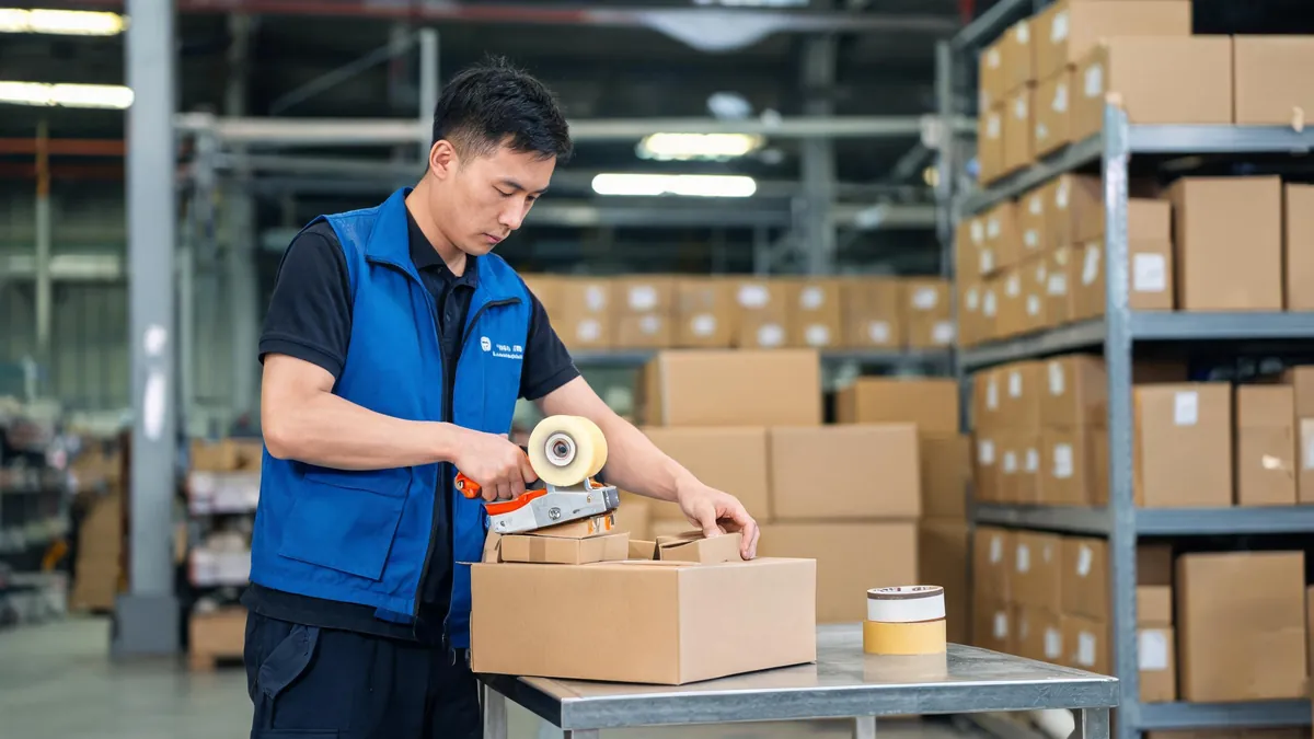 Warehouse worker consolidating parcels into one shipping box