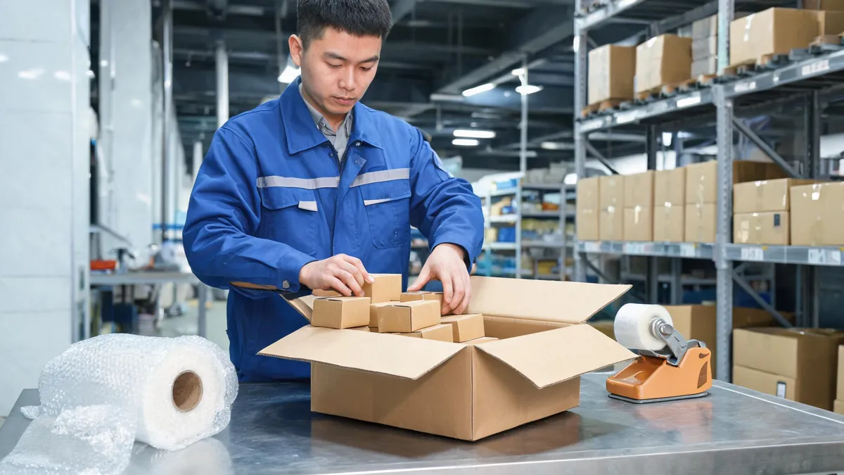 Warehouse worker combining multiple supplier parcels into one shipment