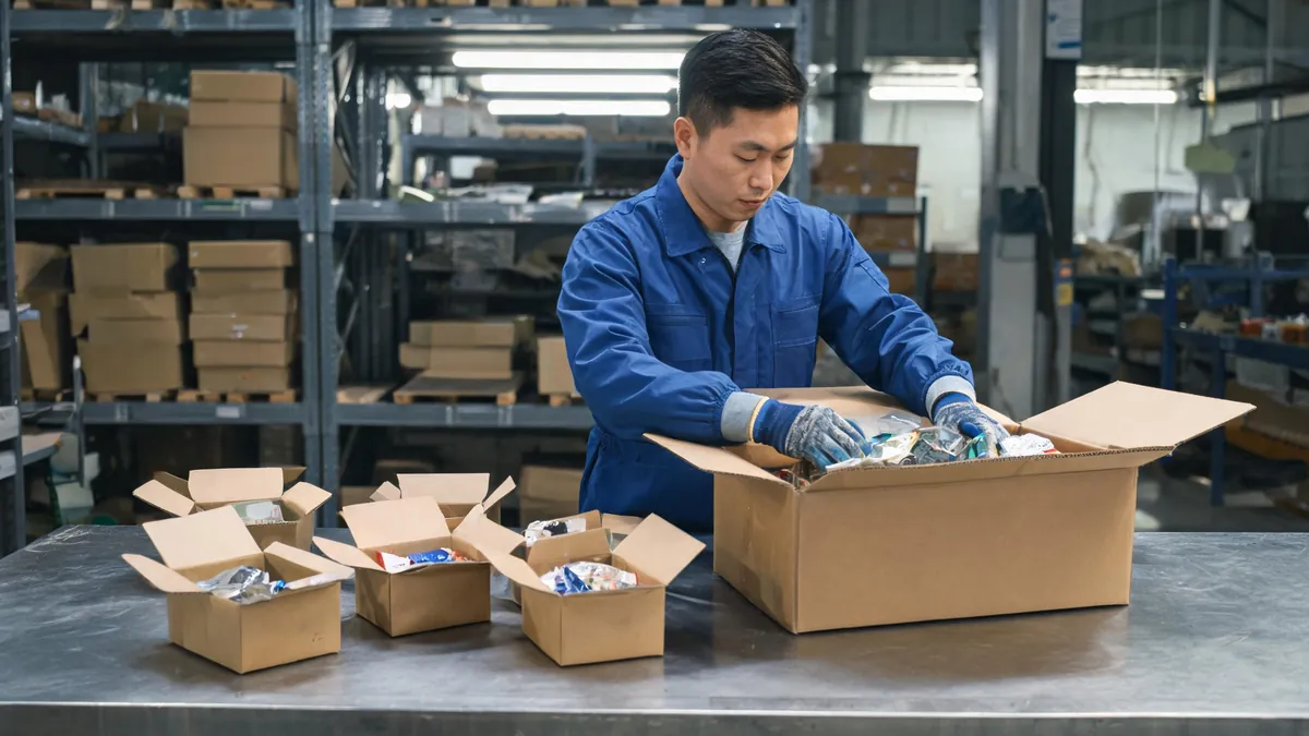 Warehouse worker consolidating supplier parcels into one shipment