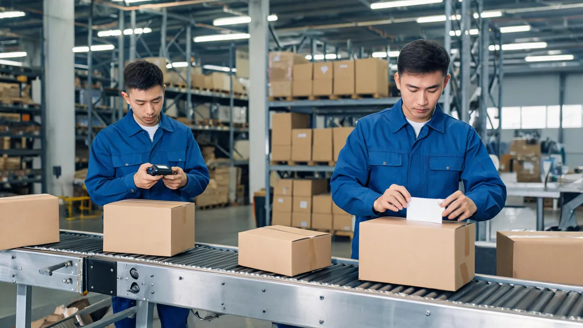 Workers scanning and labeling export parcels for international shipping