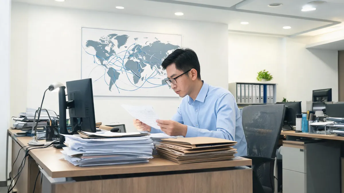 Freight forwarder office reviewing shipping paperwork