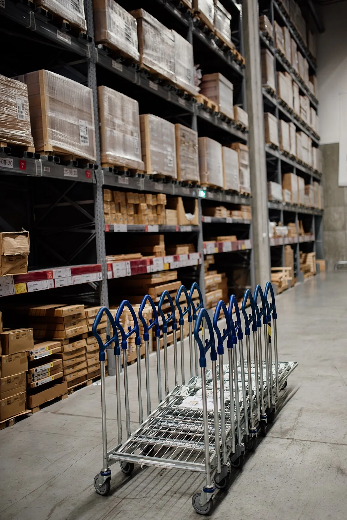 Warehouse shelves stocked with boxes and carts
