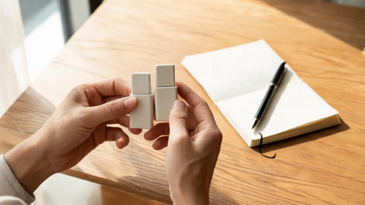 Buyer comparing product samples for a first order