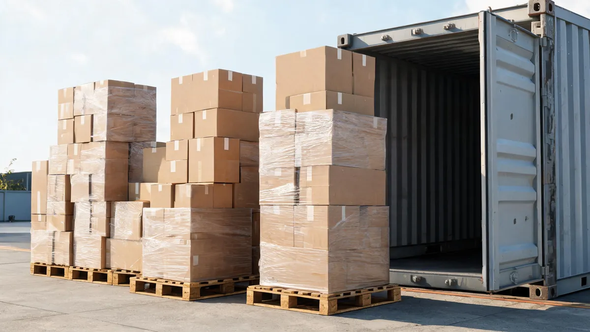 Consolidated export parcels on pallets at a loading dock