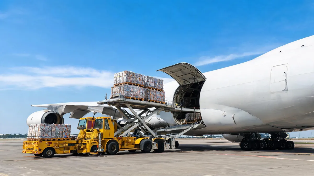 Air cargo being loaded onto a freight aircraft
