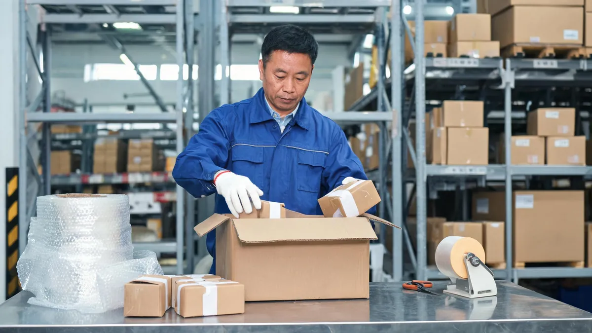 Purchasing agent repacking retail Taobao parcels into a shipping box