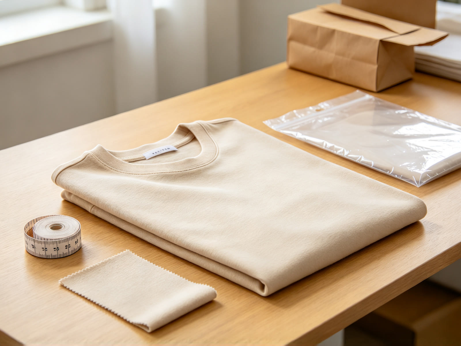Garment quality inspection with measuring tape at a 1688 wholesale clothing agent warehouse