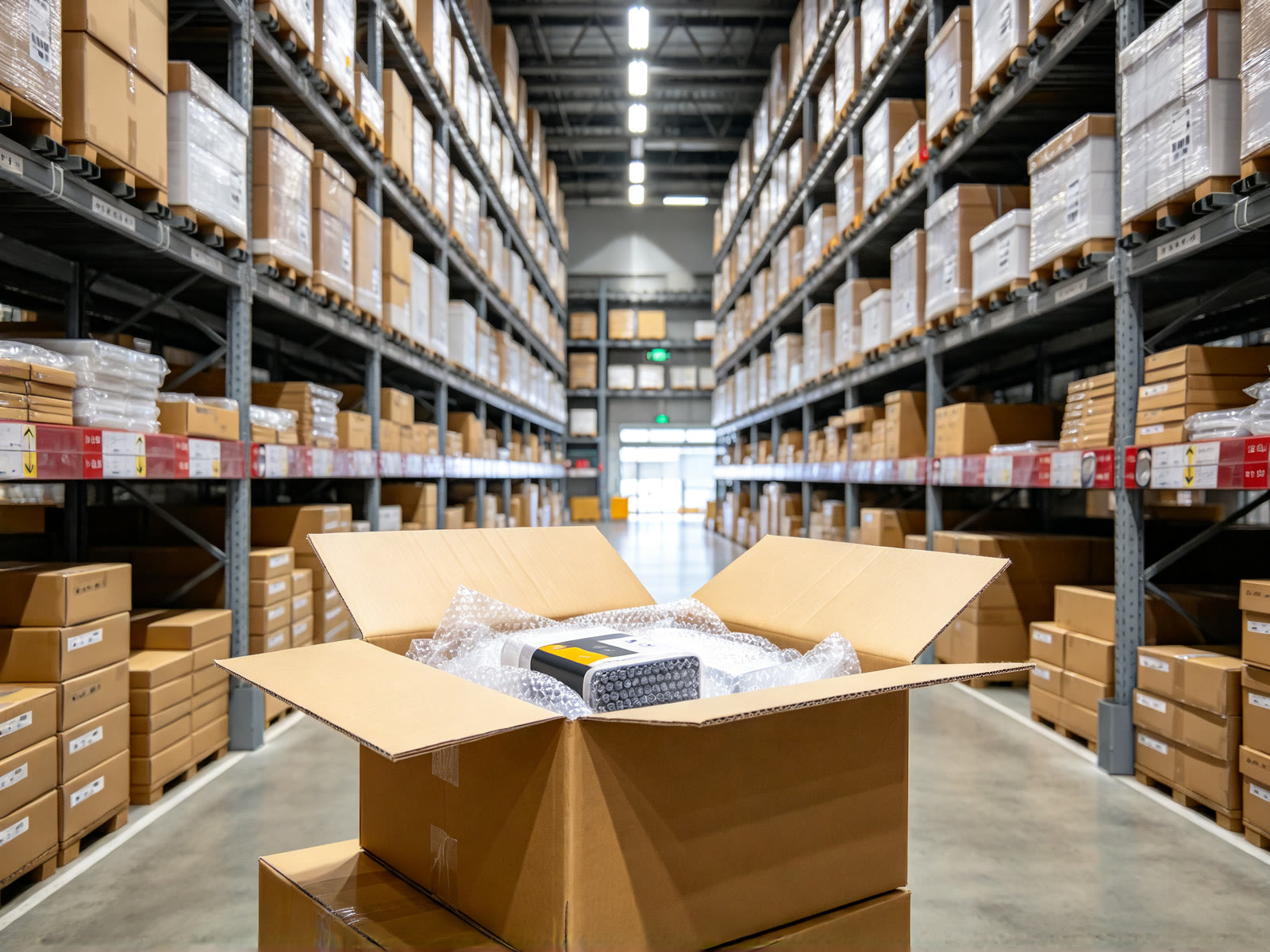 How to negotiate prices on 1688 through an agent: warehouse shelves with cartons checked before the final price discussion