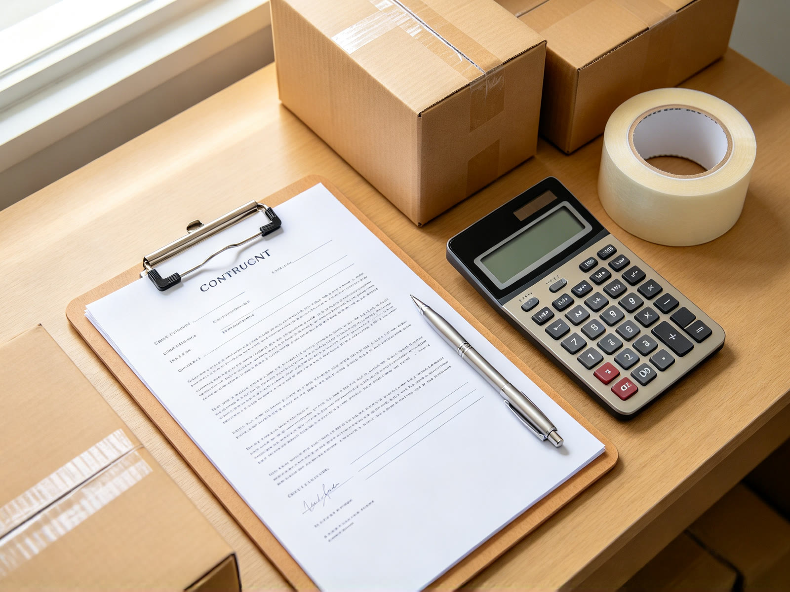 China buying agent contract checklist with blank pages, calculator and cartons on a sourcing work table