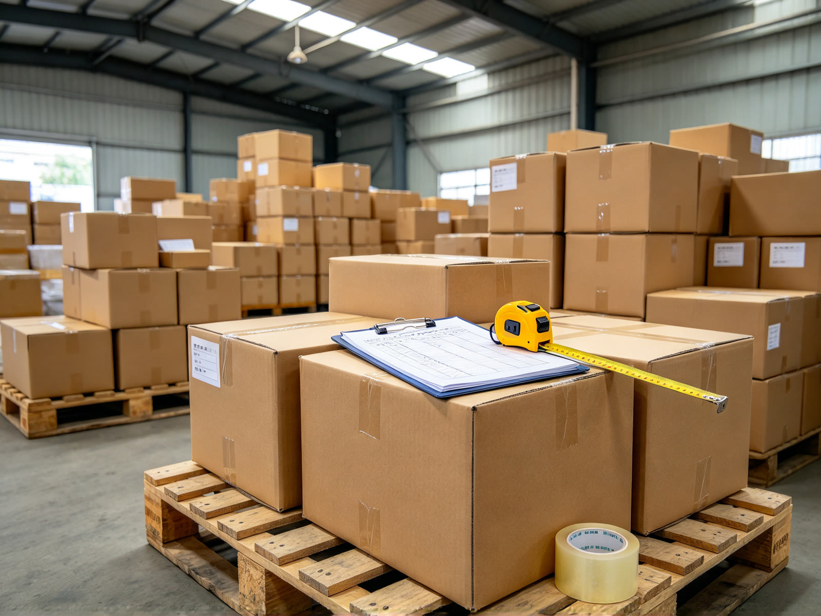 Quality inspection of stacked export cartons at a China consolidation warehouse