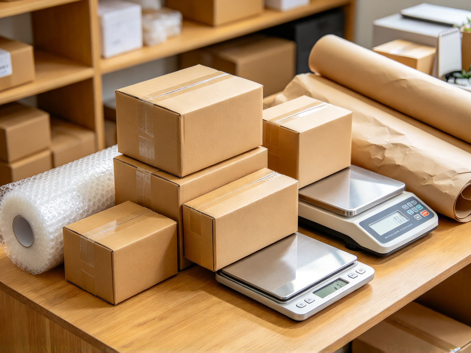 Packing workstation at a China sourcing agent warehouse with unmarked export boxes for a small business order