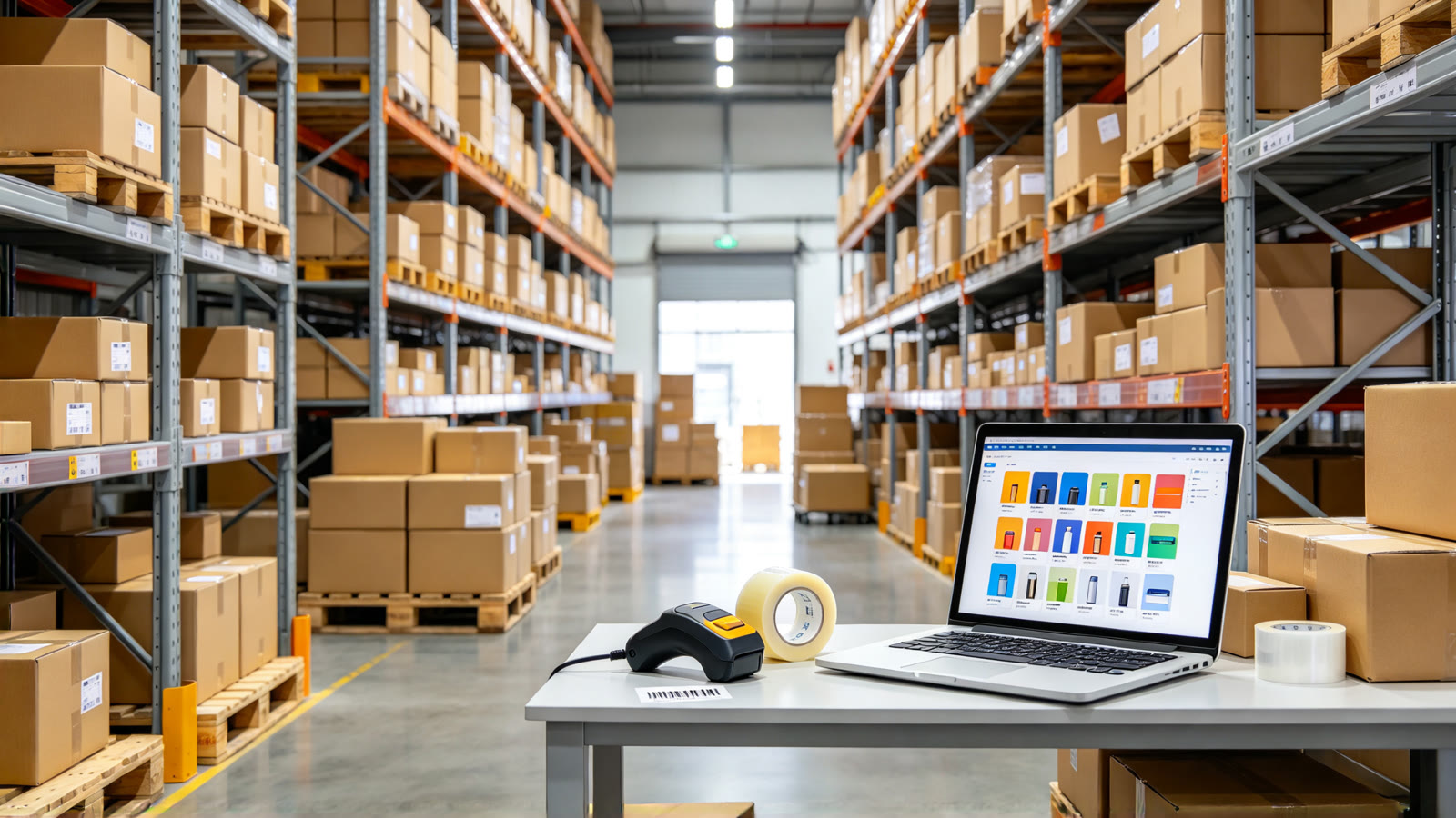 Wholesale export warehouse aisle with cartons and a laptop showing a 1688 product catalog