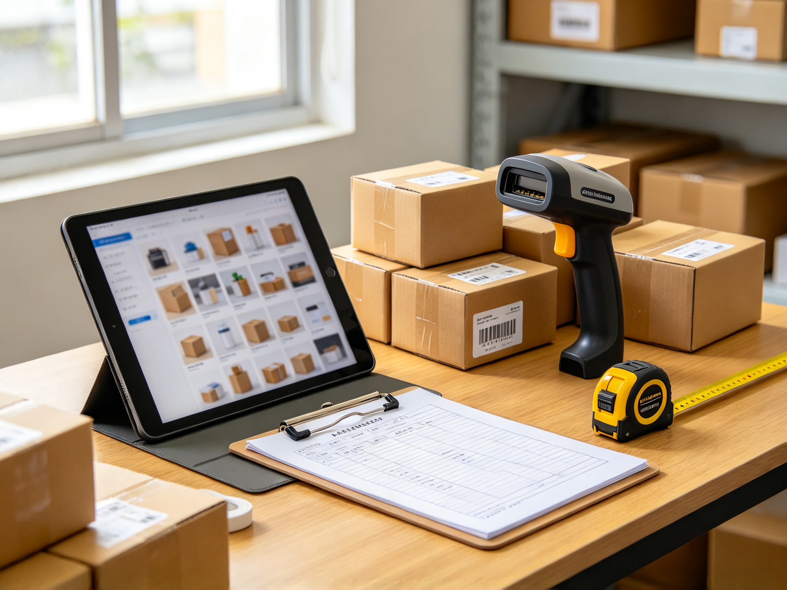 1688 sourcing desk with tablet product listings, barcode scanner and export cartons