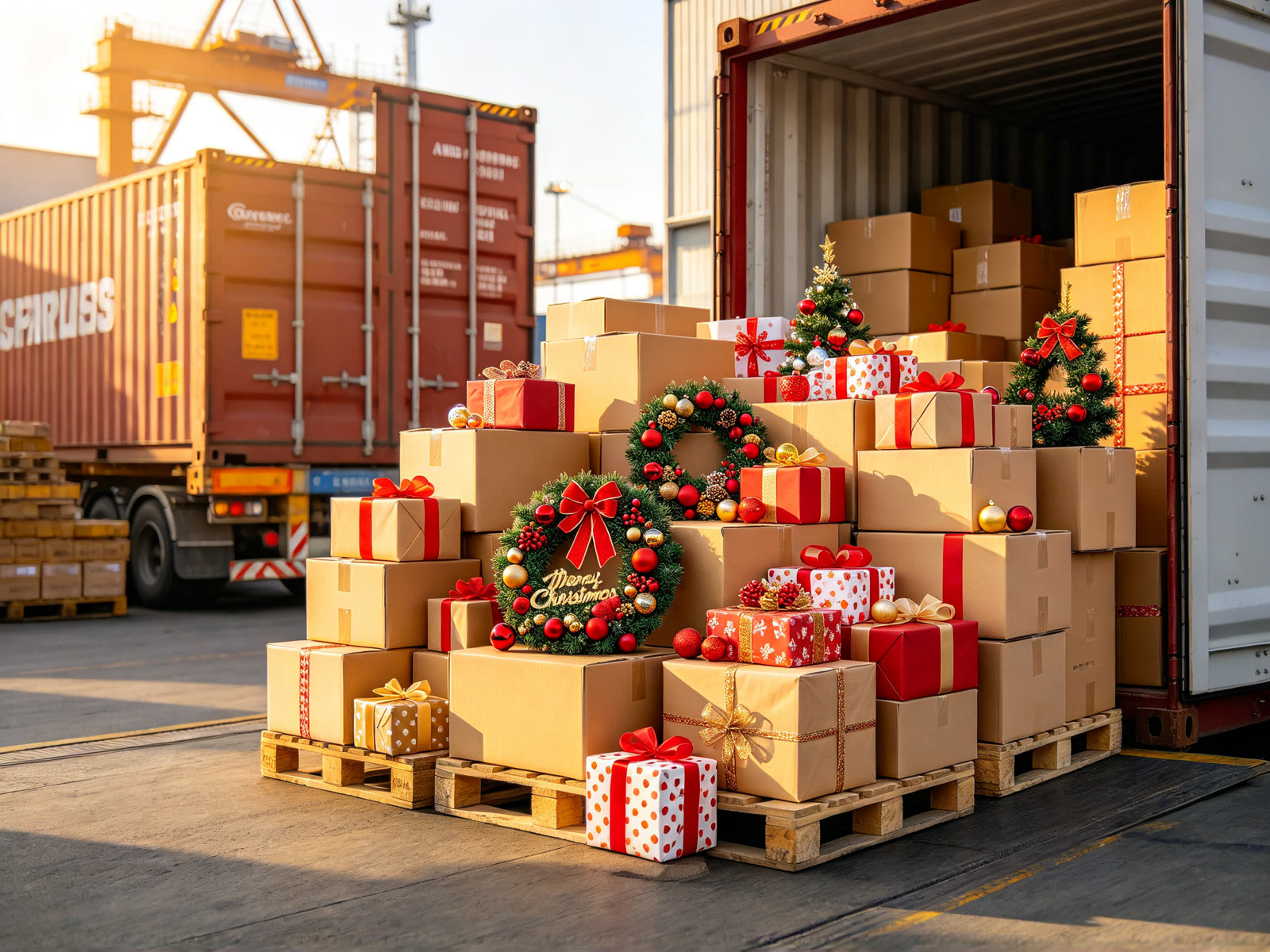 1688 seasonal products holiday cartons at loading dock with freight container