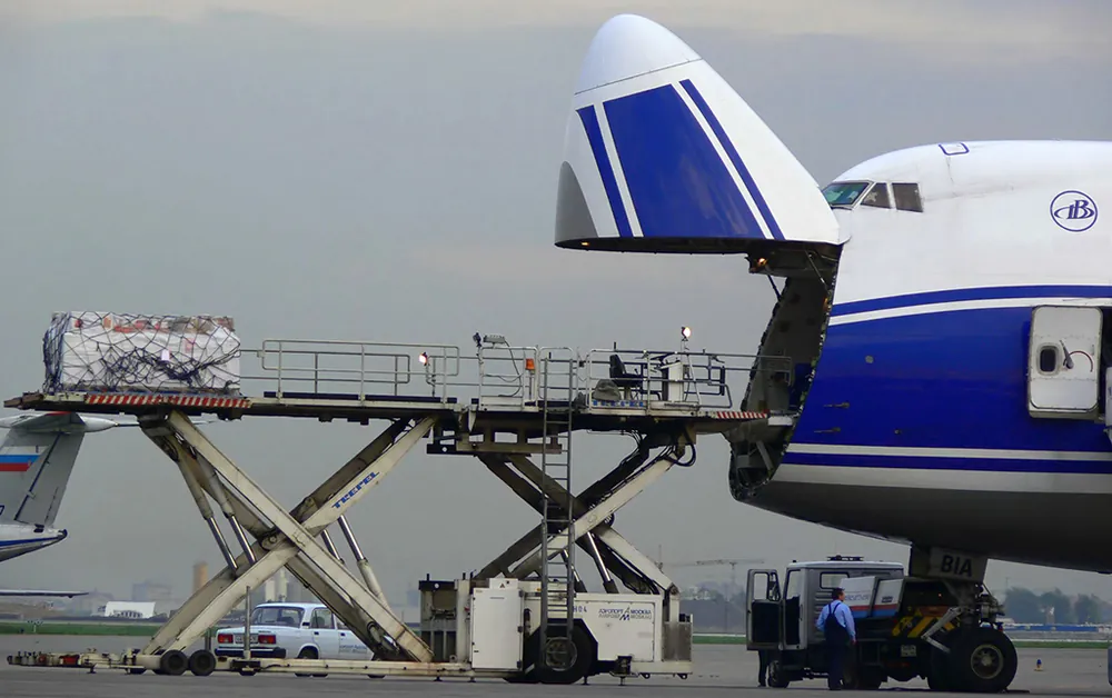 Air freight cargo being loaded for an international flight