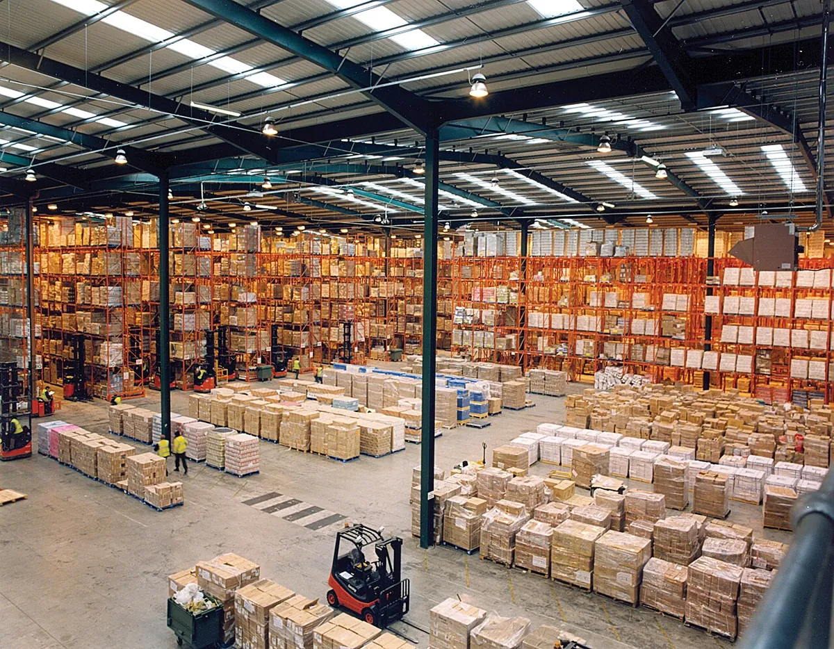 Warehouse with pallet rack storage for wholesale goods