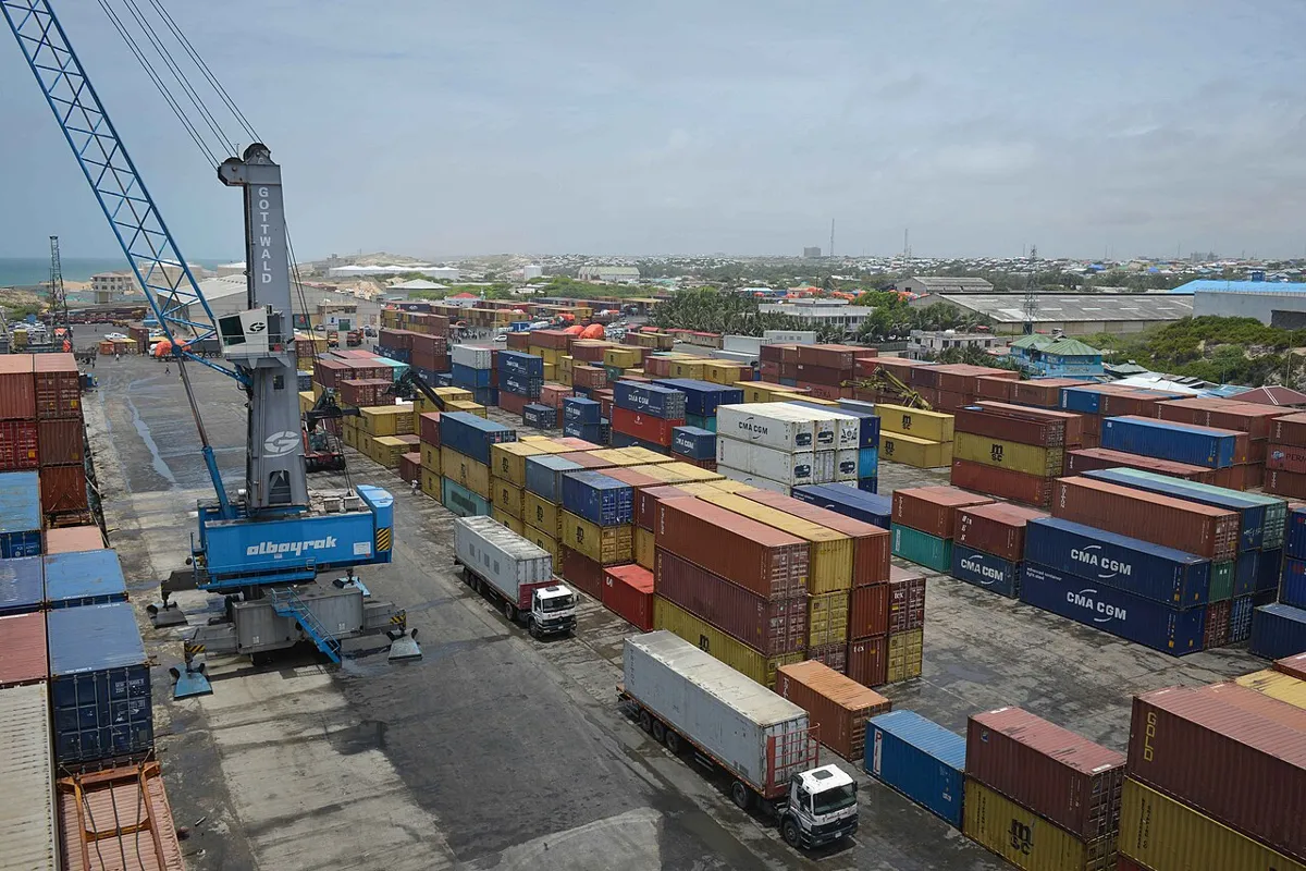 Stacked shipping containers at a port
