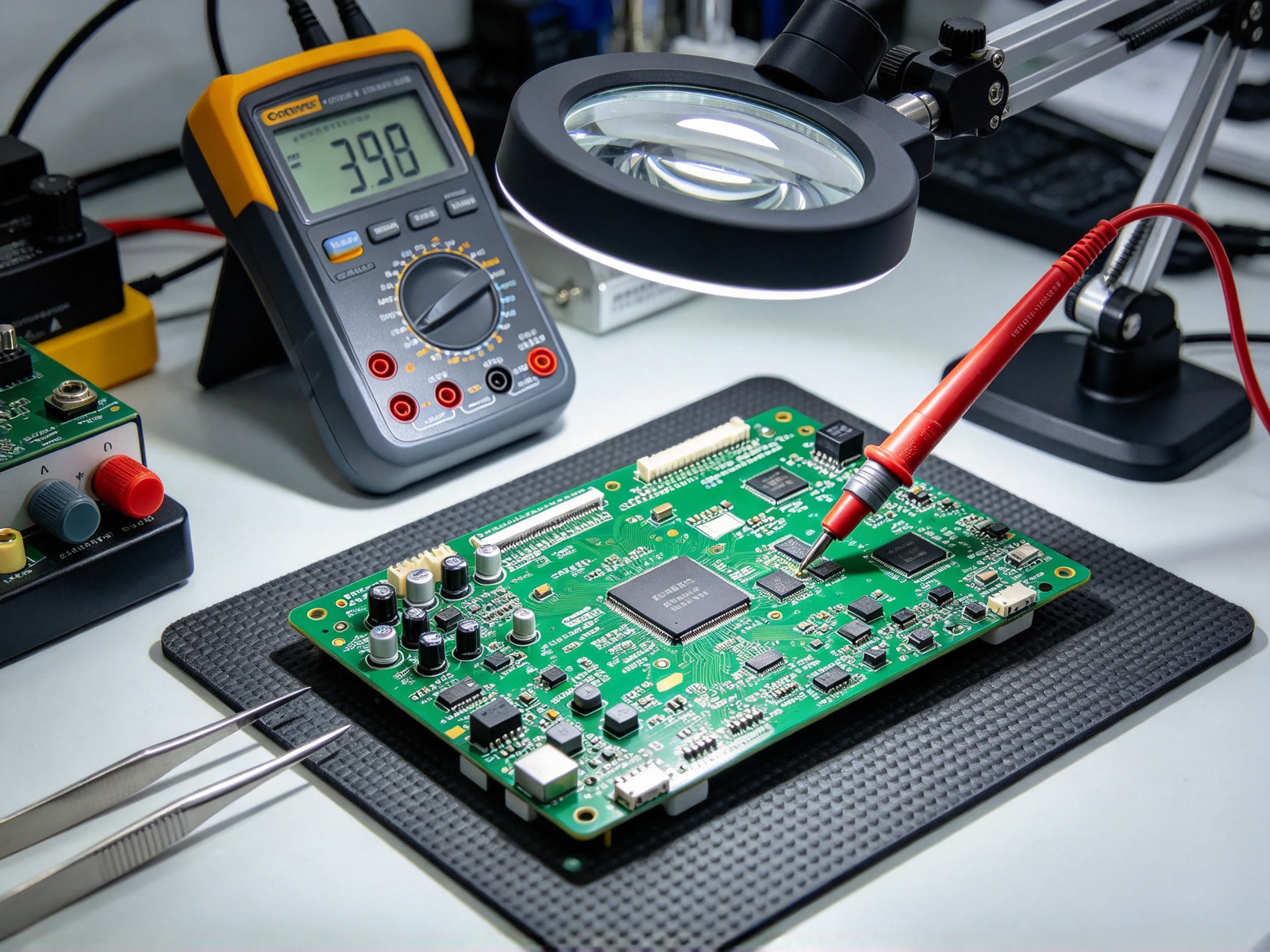 Electronics sourcing from China quality inspection: circuit board tested with a multimeter probe under a magnifying lamp before shipment