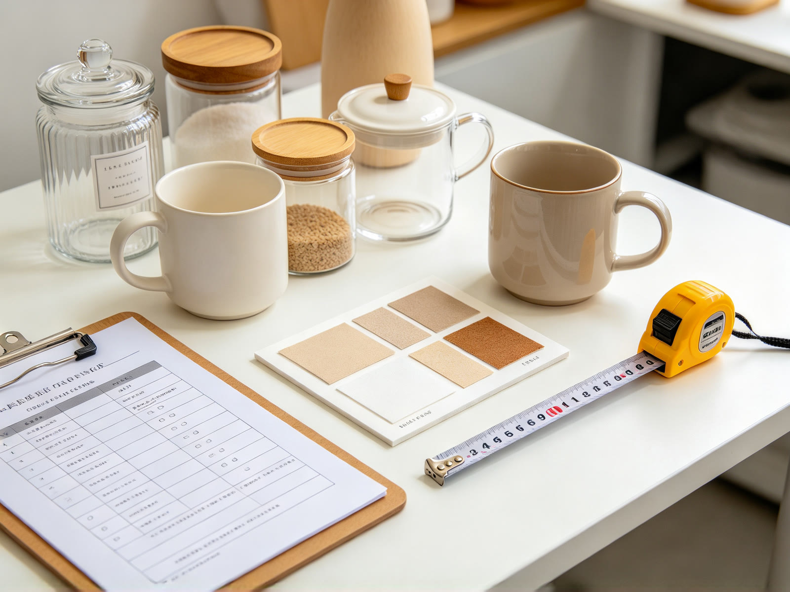 Home goods sourcing from 1688 quality inspection: ceramic mugs and glass jars checked against an approved sample