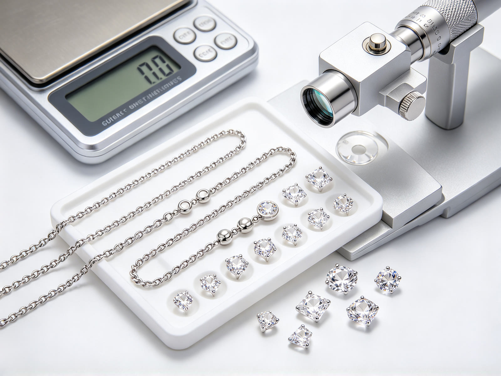 Sterling silver necklace chains and cubic zirconia gemstones on an inspection tray